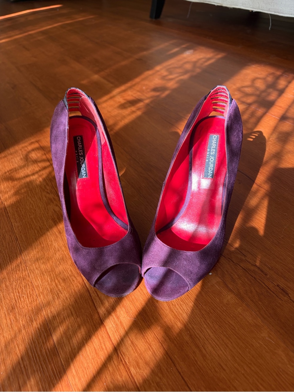 Charles Jourdan Plum Suede Peep-Toe Heels
